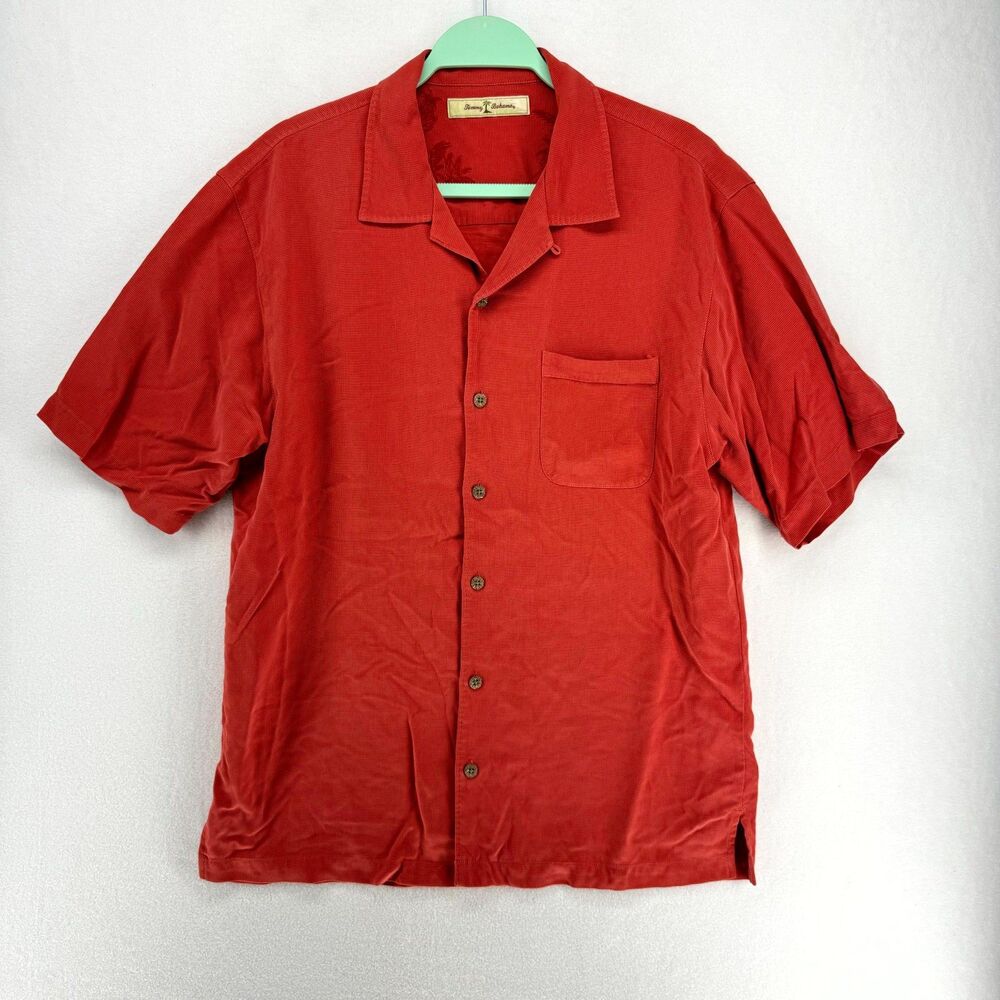 Tommy Bahama 100% Silk Short Sleeve Button Down Shirt Mens Size M Red Color